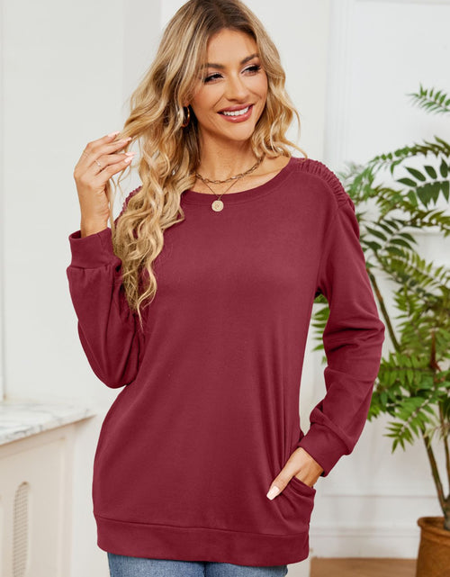 Load image into Gallery viewer, Ruched Shoulder Round Neck Long Sleeve Sweatshirt

