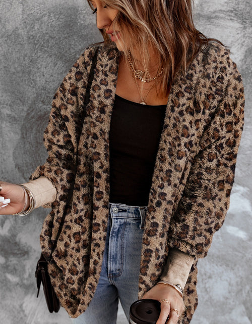 Load image into Gallery viewer, Fuzzy Leopard Long Sleeve Hooded Jacket
