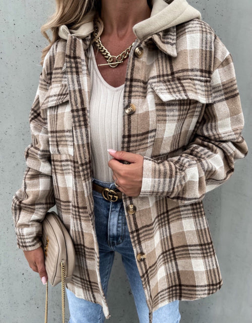 Load image into Gallery viewer, Plaid Button Up Jacket with Removable Hood
