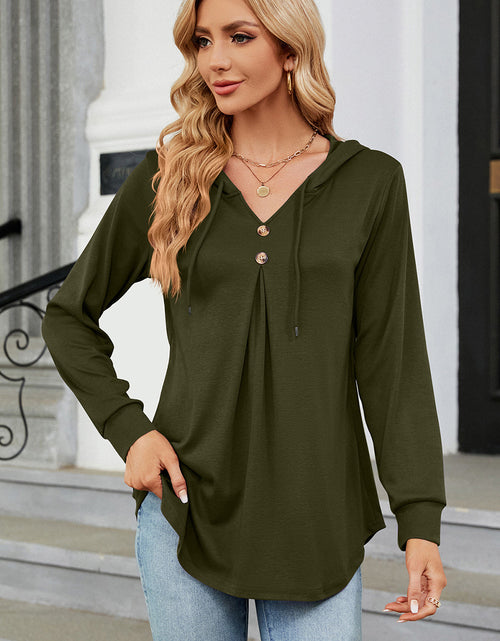 Load image into Gallery viewer, Decorative Button Drawstring Long Sleeve Hoodie
