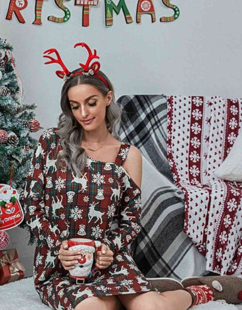 Load image into Gallery viewer, Christmas Asymmetrical Neck Long Sleeve Dress
