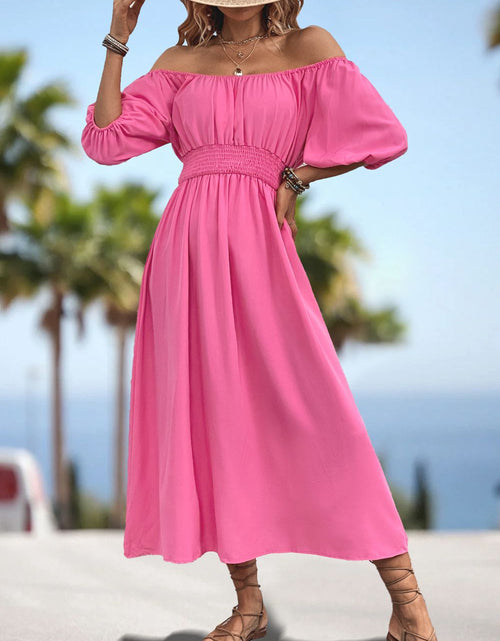 Load image into Gallery viewer, Square Neck Smocked Waist Puff Sleeve Midi Dress
