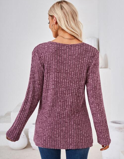 Load image into Gallery viewer, Ribbed Buttoned Round Neck Slit T-Shirt
