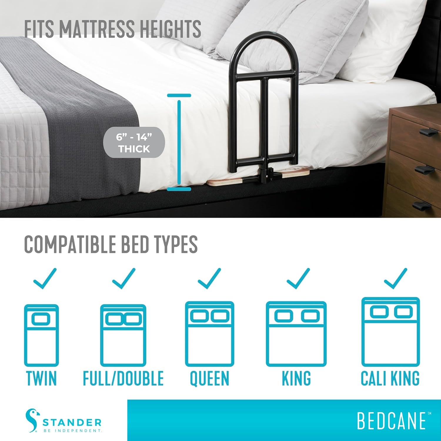 Bedcane, Adult Bed Rail and Support Handle, Height Adjustable Elderly Stand Assist with Organizer Pouch
