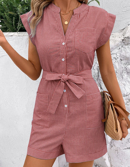 Load image into Gallery viewer, Perfee Striped Notched Tie Waist Romper
