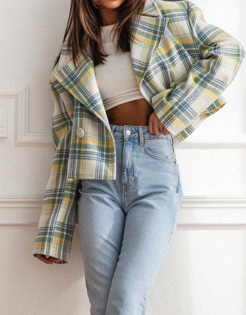 Load image into Gallery viewer, Lapel Collar Plaid Cropped Jacket
