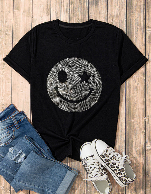 Load image into Gallery viewer, Rhinestone Smiley Round Neck Short Sleeve T-Shirt
