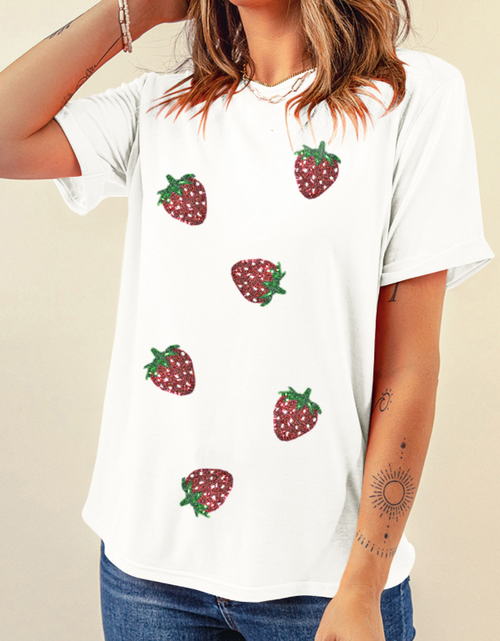 Load image into Gallery viewer, Sequin Strawberry Crew Neck Short Sleeve T Shirt
