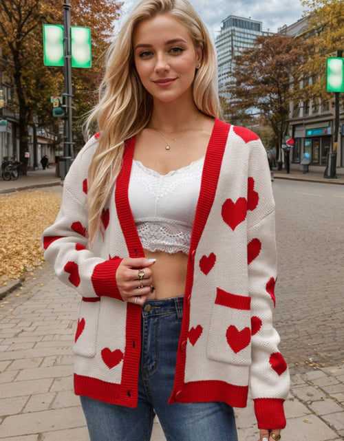 Load image into Gallery viewer, Heart Button Up Dropped Shoulder Long Sleeve Cardigan
