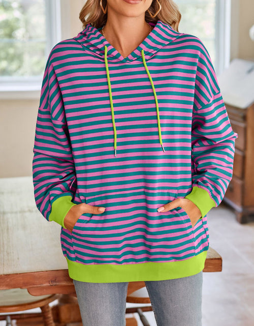 Load image into Gallery viewer, Lovelet Drawstring Striped Long Sleeve Hoodie
