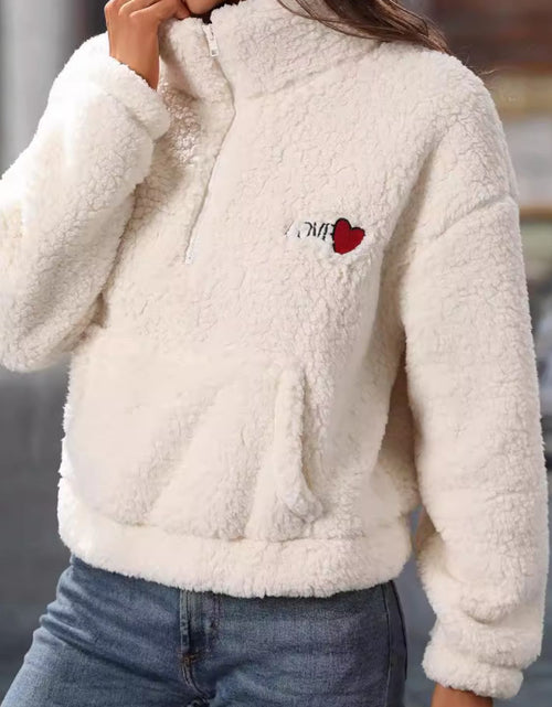 Load image into Gallery viewer, Heart Half Zip Long Sleeve Teddy Sweatshirt
