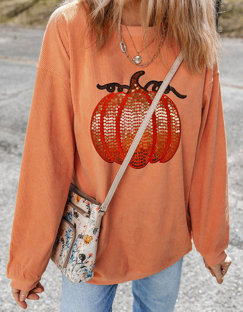 Load image into Gallery viewer, Sequin Pumpkin Round Neck Long Sleeve Sweatshirt
