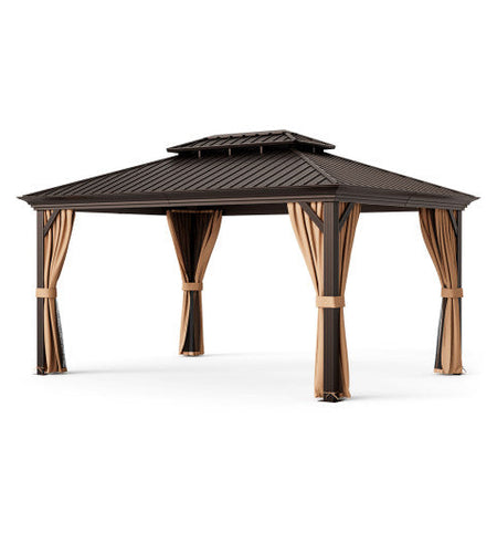 12' x 16' Double-Roof Hardtop Gazebo with Galvanized Steel Roof-Coffee