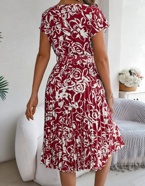 Load image into Gallery viewer, Tied Pleated Printed Short Sleeve Dress
