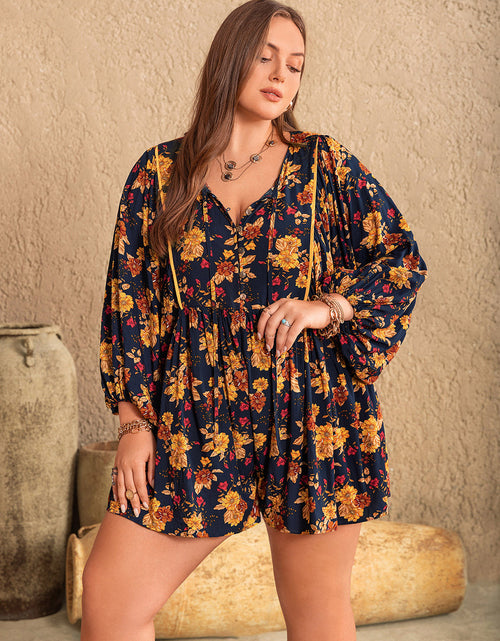Load image into Gallery viewer, Plus Size Floral Tie Neck Balloon Sleeve Romper
