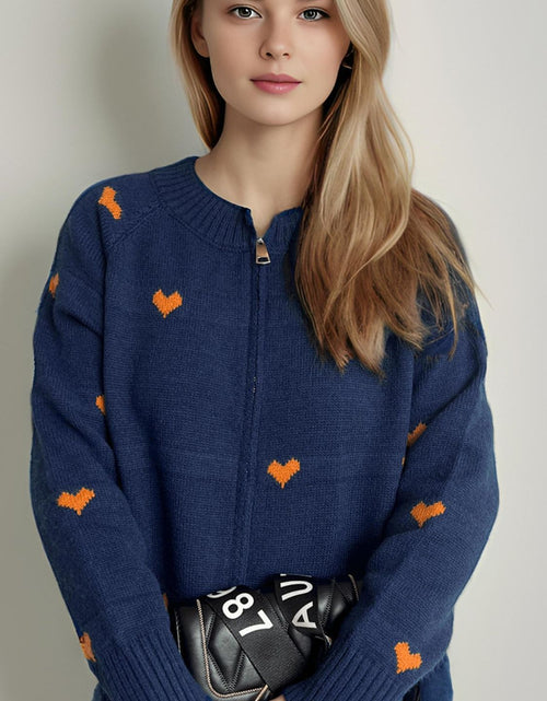 Load image into Gallery viewer, Heart Round Neck Zip Up Cardigan

