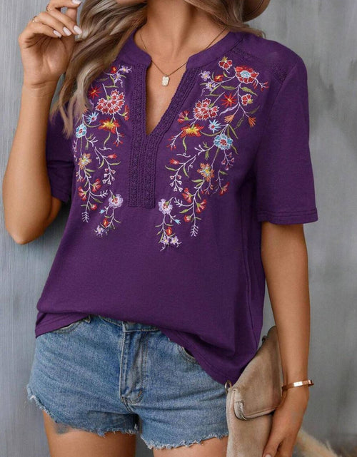Load image into Gallery viewer, Embroidered Notched Short Sleeve T-Shirt

