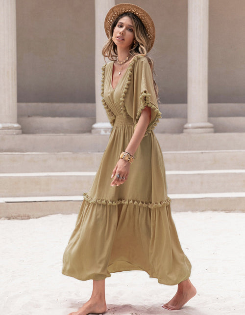 Load image into Gallery viewer, Tassel Trim Smocked V-Neck Short Sleeve Dress
