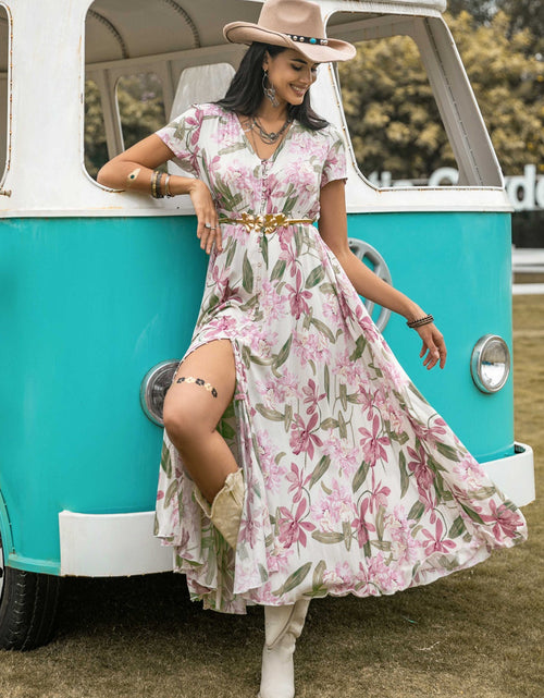 Load image into Gallery viewer, Floral V-Neck Slit Dress
