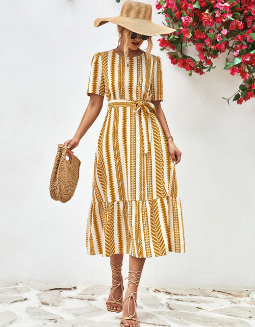 Load image into Gallery viewer, Striped Tie Belt Round Neck Puff Sleeve Dress
