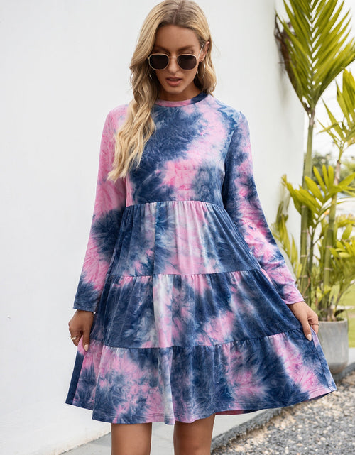 Load image into Gallery viewer, Ivy Lane Tie-Dye Round Neck Long Sleeve Tiered Dress

