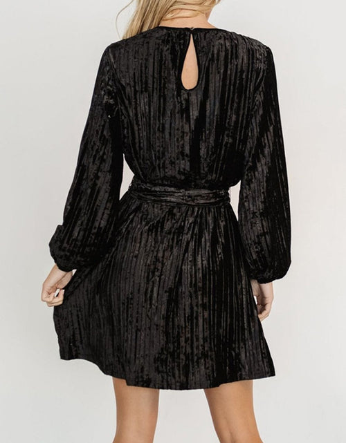 Load image into Gallery viewer, Velvet Round Neck Tie Waist Long Sleeve Mini Dress
