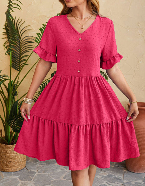 Load image into Gallery viewer, Swiss Dot Ruffled V-Neck Tiered Dress
