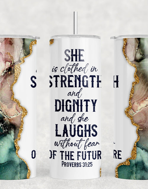 Load image into Gallery viewer, Clothed In Strength And Dignity|Skinny Tumbler|Optional Bluetooth Speaker| Speaker Color Varies by Rowdy Ridge Co
