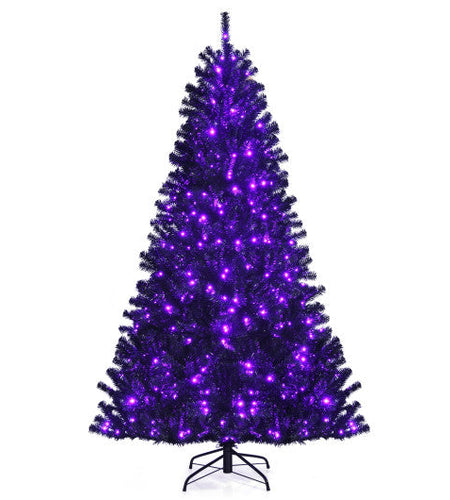 Black Artificial Christmas Halloween Tree with Purple LED Lights-7 ft