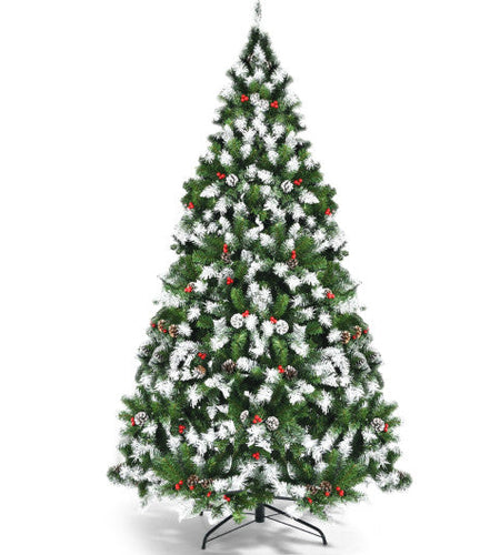 Pre-lit Snow Flocked Christmas Tree with Red Berries and LED Lights-6 ft