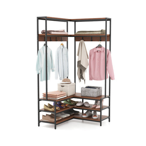 Load image into Gallery viewer, Corner Garment Rack with Open Shelves and 7 Hooks Shoe Bench-Walnut
