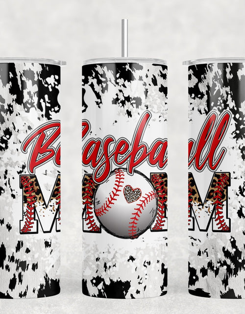 Load image into Gallery viewer, Cow Print Baseball Mom - 20 oz Steel Skinny Tumbler - Optional Blue Tooth Speaker - Speaker Color will Vary by Rowdy Ridge Co
