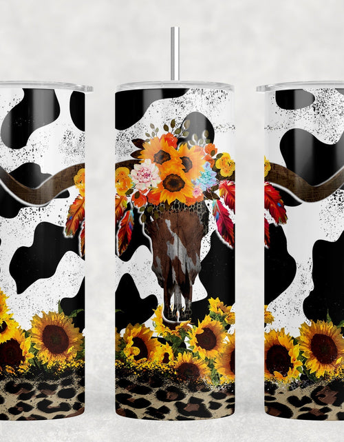 Load image into Gallery viewer, Cow Print Bull Skull|Skinny Tumbler|Optional Bluetooth Speaker| Speaker Color Varies by Rowdy Ridge Co
