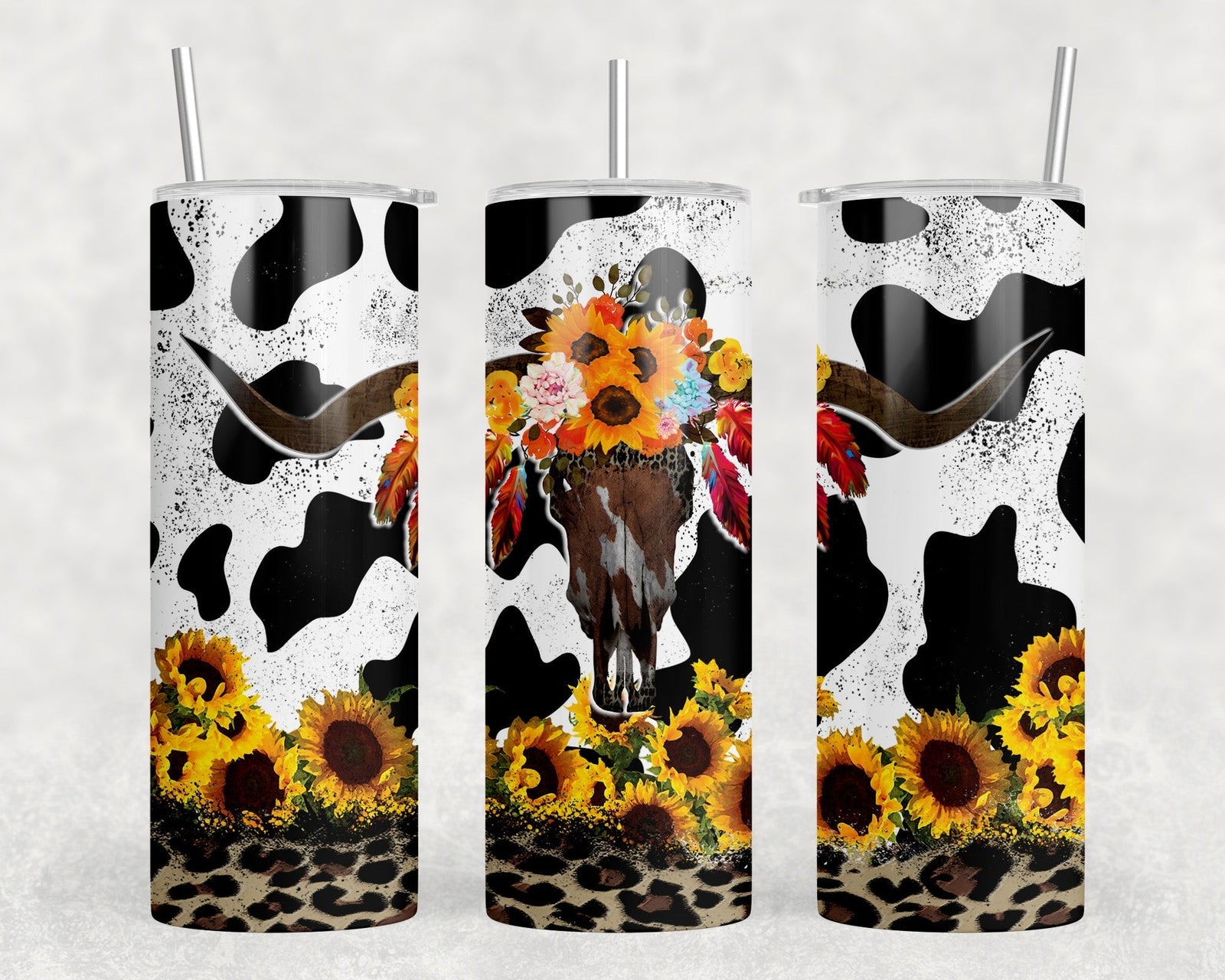 Cow Print Bull Skull|Skinny Tumbler|Optional Bluetooth Speaker| Speaker Color Varies by Rowdy Ridge Co
