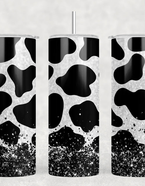 Load image into Gallery viewer, Cow Print faux glitter  - 20 oz Steel Skinny Tumbler - Optional Blue Tooth Speaker - Speaker Color will Vary by Rowdy Ridge Co
