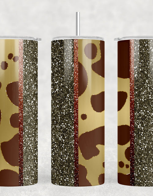 Load image into Gallery viewer, Cow Print faux glitter Stripes|Skinny Tumbler|Optional Bluetooth Speaker| Speaker Color Varies by Rowdy Ridge Co
