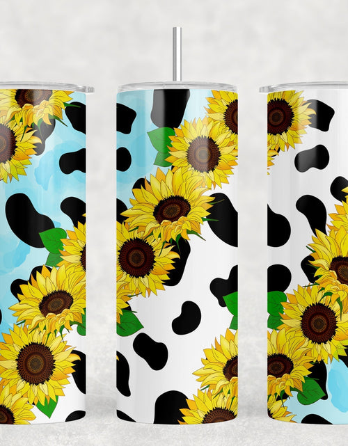 Load image into Gallery viewer, Cow Print Sunflowers - 20 oz Steel Skinny Tumbler - Optional Blue Tooth Speaker - Speaker Color will Vary by Rowdy Ridge Co
