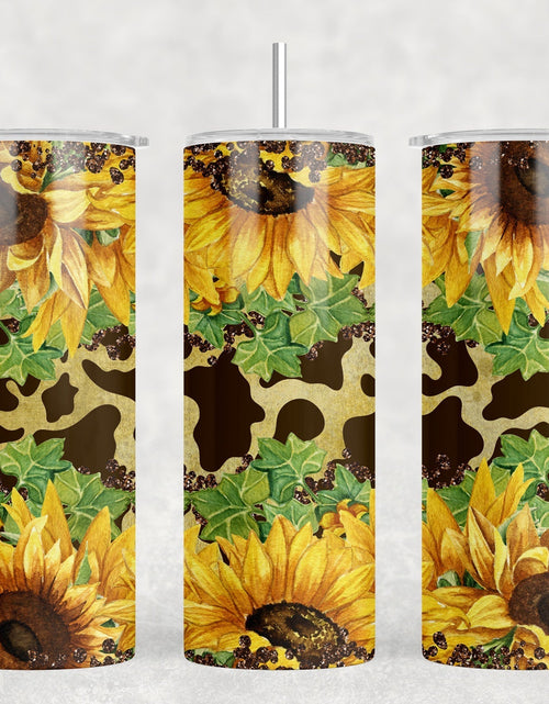 Load image into Gallery viewer, Cow Print Sunflowers - 20 oz Steel Skinny Tumbler - Optional Blue Tooth Speaker - Speaker Color will Vary by Rowdy Ridge Co
