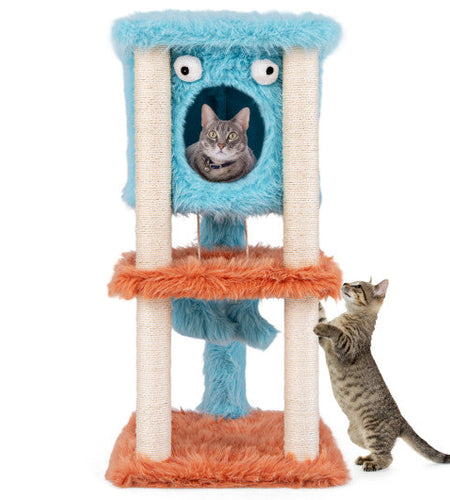 Cute Monster-Themed Cat Tower with Private Condo and Soft Long Plush-Blue