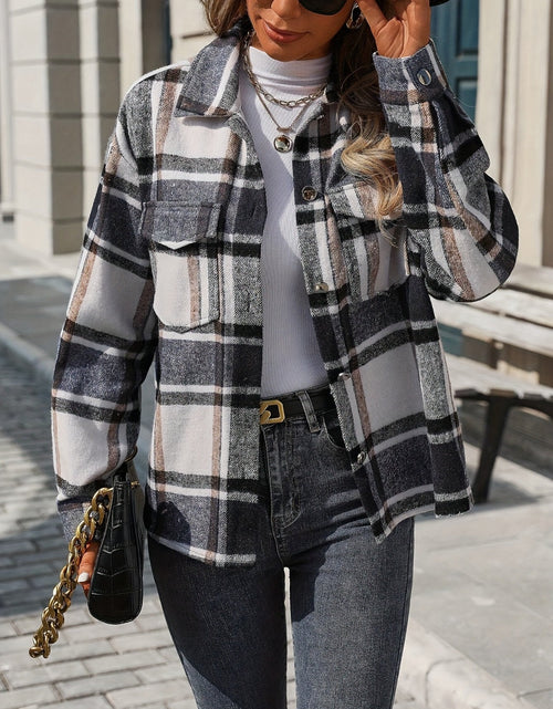 Load image into Gallery viewer, Plaid Button Up Drop Shoulder Jacket
