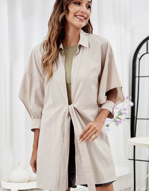 Load image into Gallery viewer, Tie Front Collared Neck Cutout Shacket
