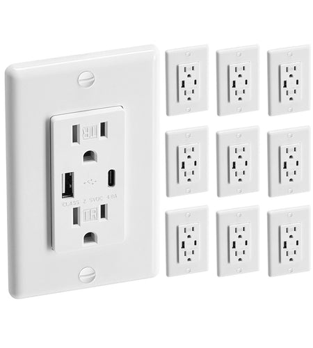 10 PCS USB Outlet 24 W 15A Wall Electrical Outlet with 1 Type C & 1 Type A Ports