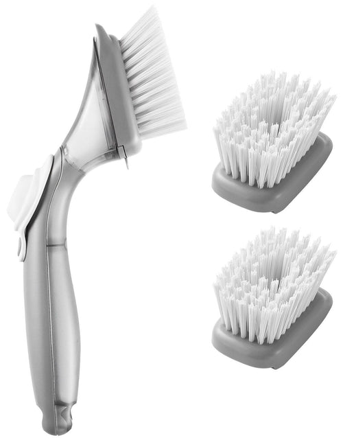 Load image into Gallery viewer, Soap Dispensing Dish Brush, Kitchen Scrub Brushes with 3 Brush Heads, Dish Cleaning Brushes with PP Handle and Curved Bristles, Ideal for Pots, Pans, Sink and Stove
