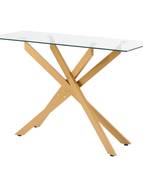 Load image into Gallery viewer, Glass Coffee Table, Modern Rectangle Sofa Side Table with Tempered Glass Top &amp; Iron Cross-Legs, Golden Geometric Consloe Desk with Adjustable Anti-slip Foot Pads for Living Room, Entryway, Foyer
