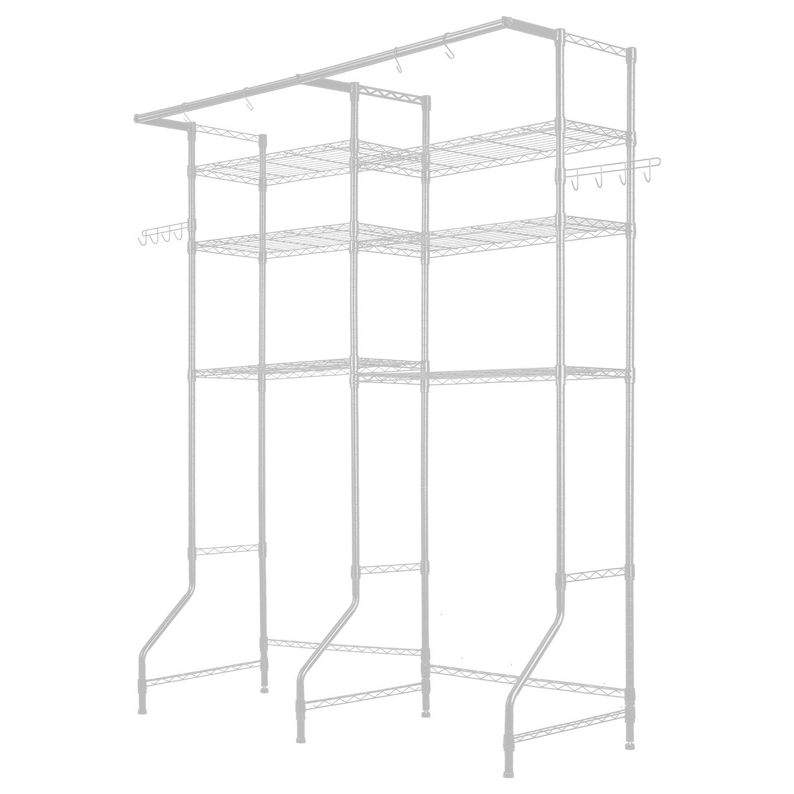 Over The Washer and Dryer Storage Shelf, 6 Tier Laundry Room Drying Rack with Hanger Rod and Hooks, Adjustable Over Washer and Dryer Shelves, Laundry Room Shelf Storage Space Saver, White