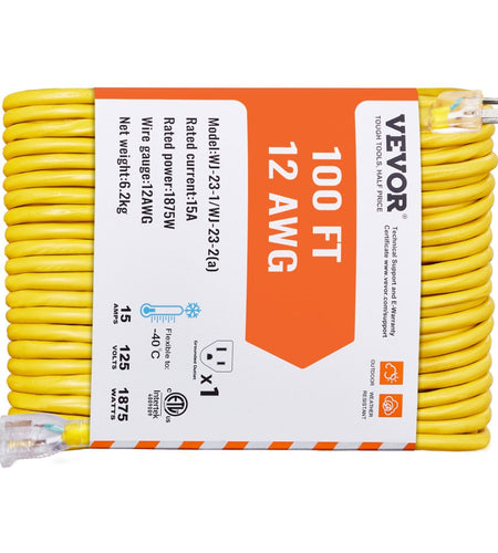 100FT Heavy Duty Extension Cord 12AWG 15Amps 1875W 3 Prongs with Lighted End