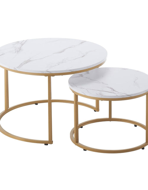 Load image into Gallery viewer, Nesting Coffee Table Set of 2, 27.6 in Round Coffee Table, Nesting Tables for Small Place, Vintage End Side Tables Night Stand with Metal Frame, for Living Room, Bedroom, Office (White &amp; Gold)
