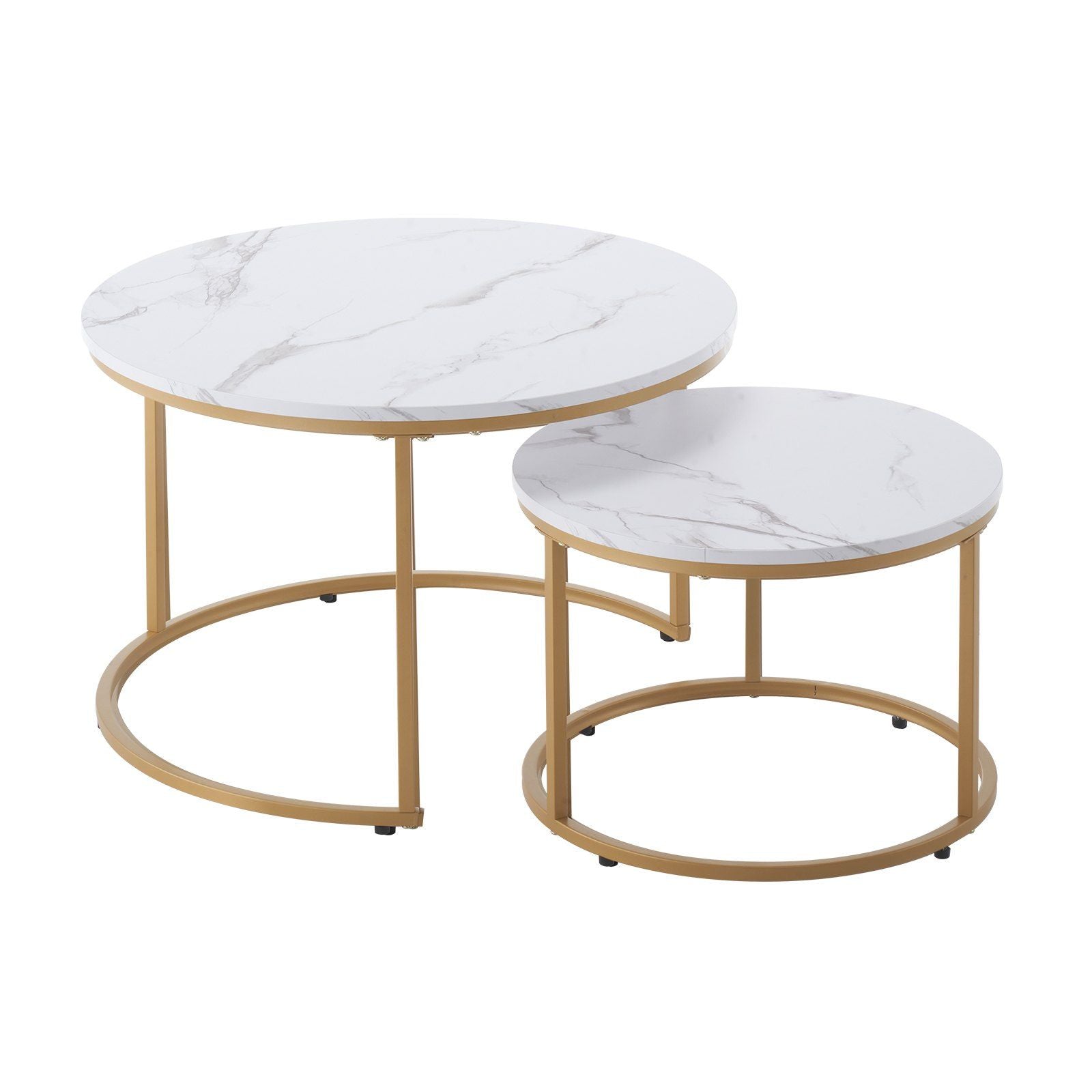 Nesting Coffee Table Set of 2, 27.6 in Round Coffee Table, Nesting Tables for Small Place, Vintage End Side Tables Night Stand with Metal Frame, for Living Room, Bedroom, Office (White & Gold)