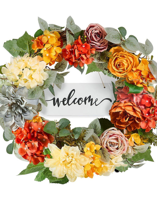 Load image into Gallery viewer, Decorative Wreath 24 in Red Orange Yellow Hydrangeas Roses Year Round Wreath
