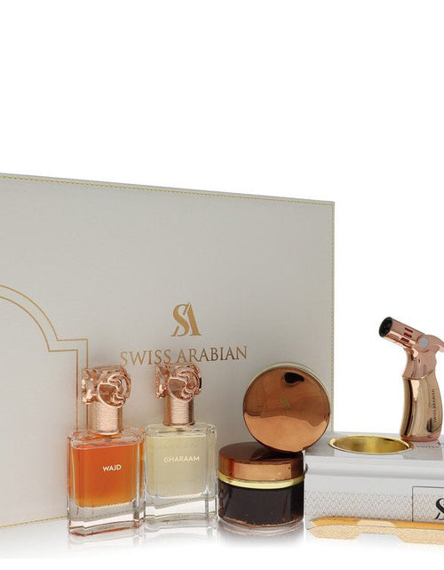 Load image into Gallery viewer, Swiss Arabian Bakhoor Dukhoon Al Haram by Swiss Arabian Gift Set - Gift Set contains 2 x 1.7 oz Eau De Parfum in Wajd &amp; Gharaam + 2 x 60 grams of Incense in Dukhoon Al Haram &amp; Oud Muattar Mumtaz
